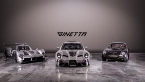 A Ginetta Akula flanked by a G60-LT-P1 LMP1 racer and a G10 