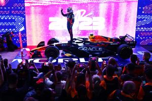 Max Verstappen celebrates his third Formula 1 world title in Qatar